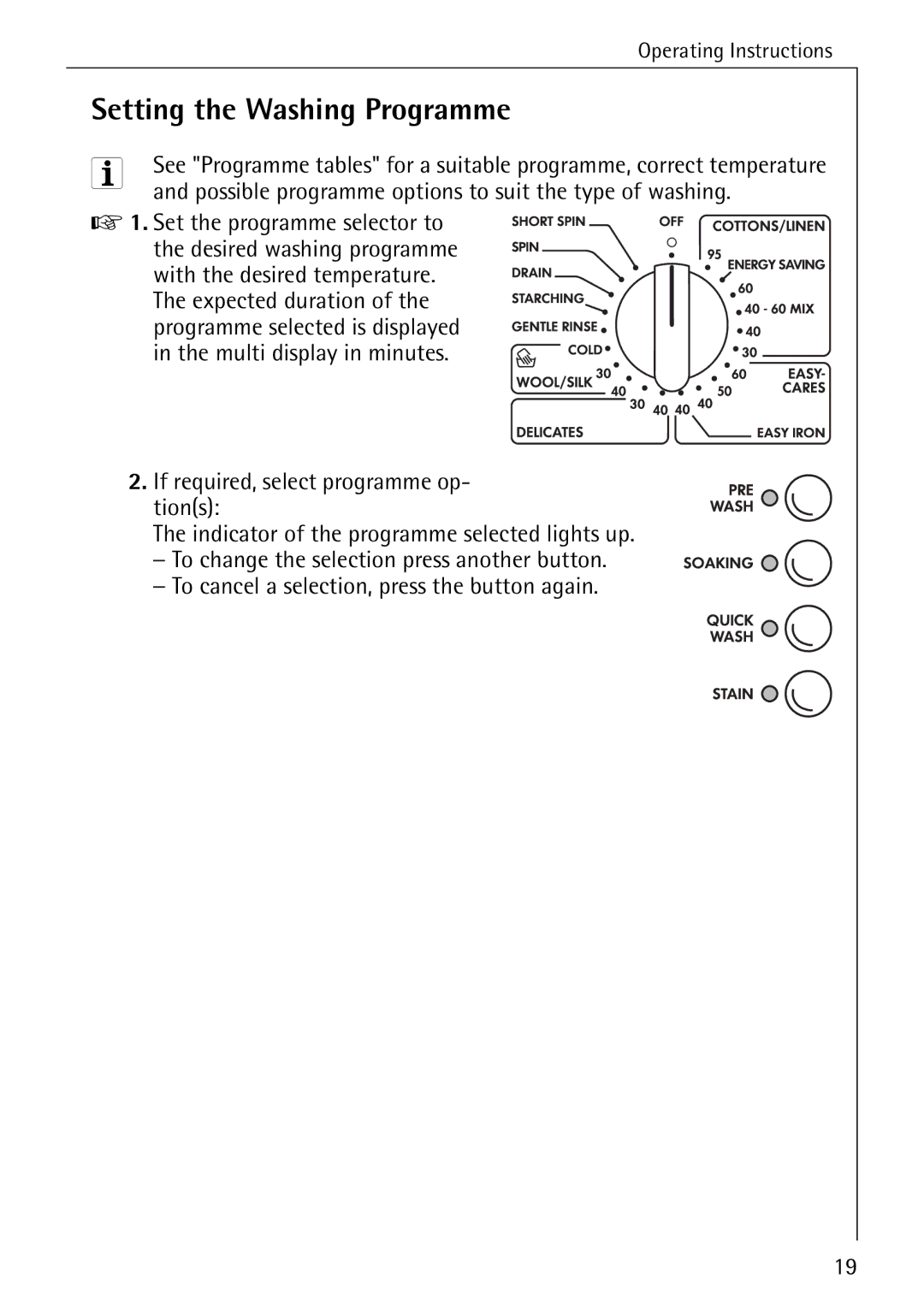 Electrolux 76669 manual Setting the Washing Programme, Possible programme options to suit the type of washing 