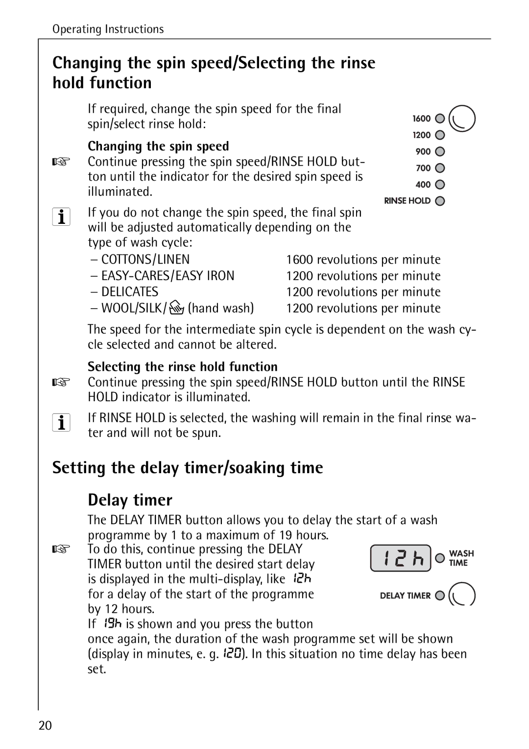 Electrolux 76669 manual Changing the spin speed/Selecting the rinse hold function, Setting the delay timer/soaking time 