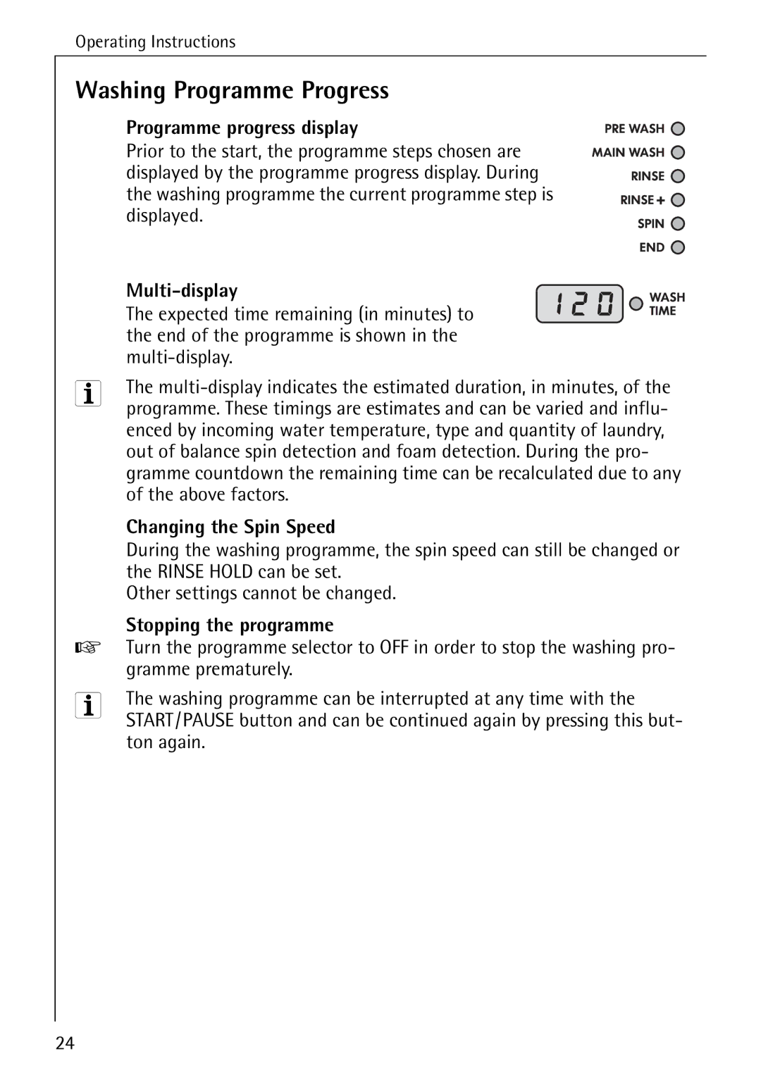 Electrolux 76669 manual Washing Programme Progress, Programme progress display, Multi-display, Stopping the programme 