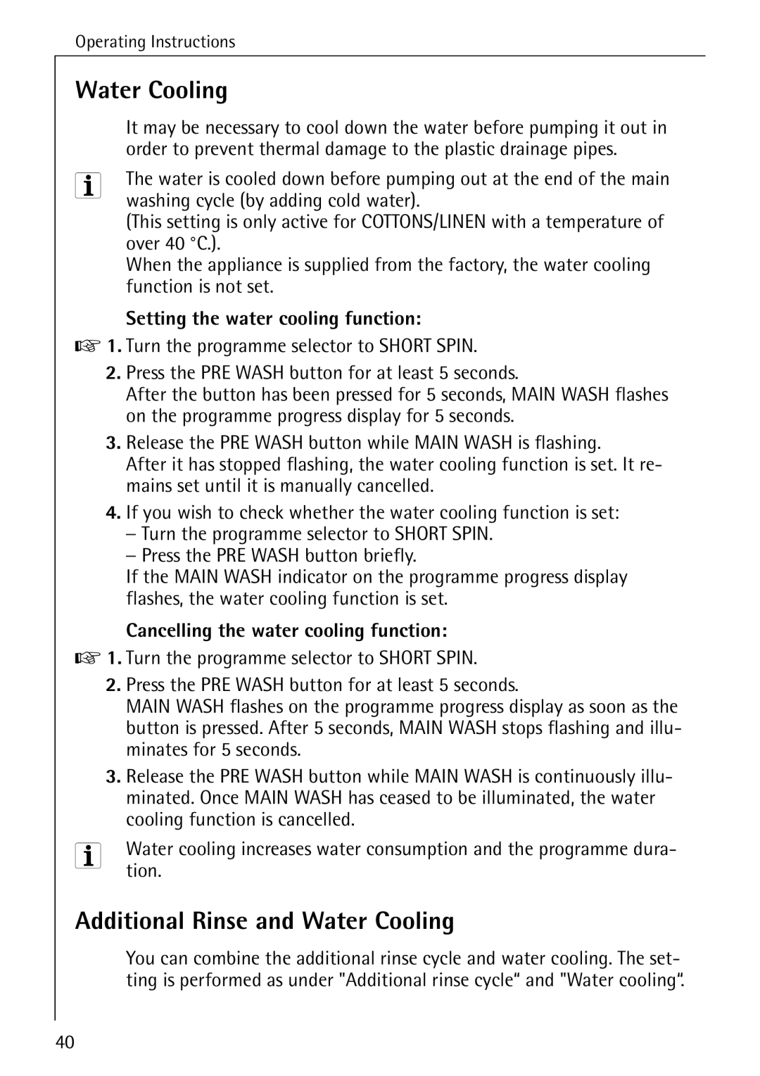 Electrolux 76669 manual Additional Rinse and Water Cooling, Setting the water cooling function 