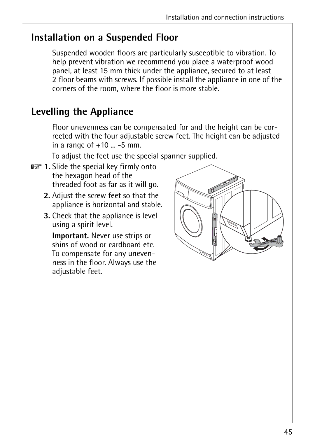 Electrolux 76669 manual Installation on a Suspended Floor, Levelling the Appliance 