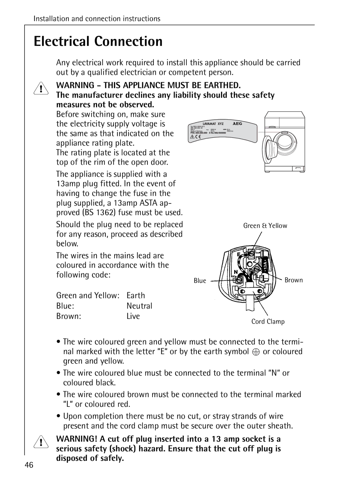 Electrolux 76669 manual Electrical Connection, Measures not be observed, Earth Blue Neutral Brown Live 