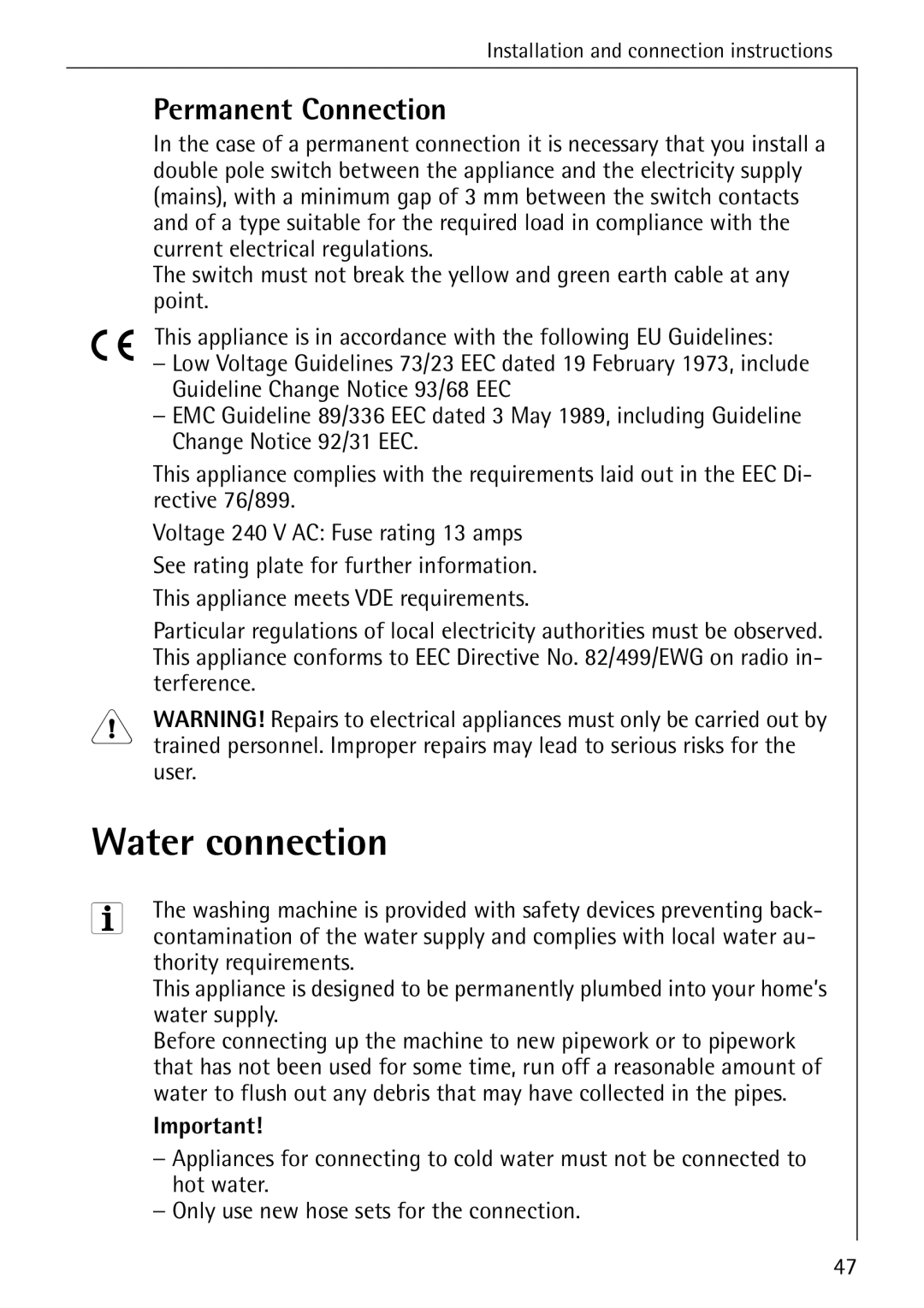 Electrolux 76669 manual Water connection, Permanent Connection, Terference, User 