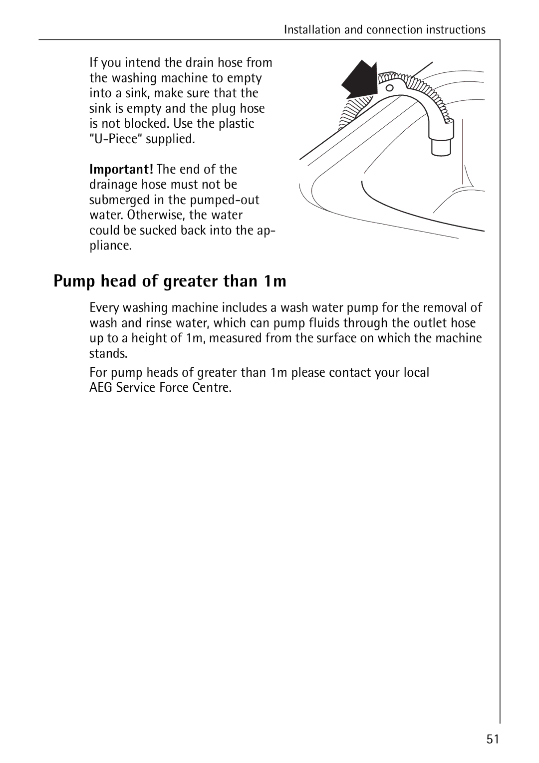 Electrolux 76669 manual Pump head of greater than 1m 