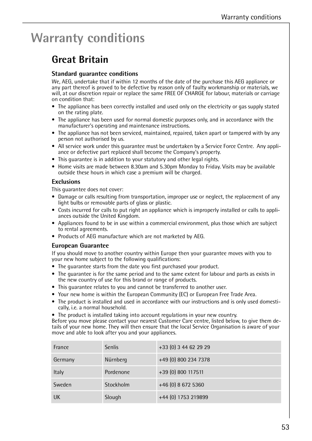 Electrolux 76669 manual Great Britain, Standard guarantee conditions, Exclusions, European Guarantee 