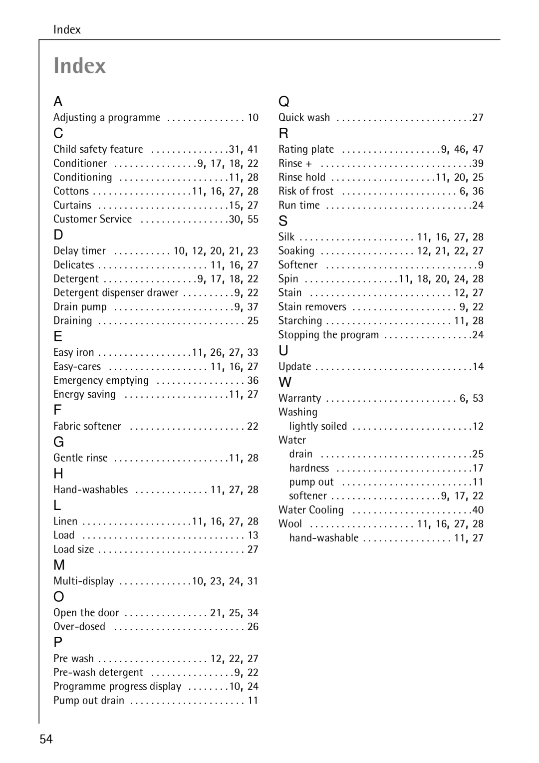 Electrolux 76669 manual Index 