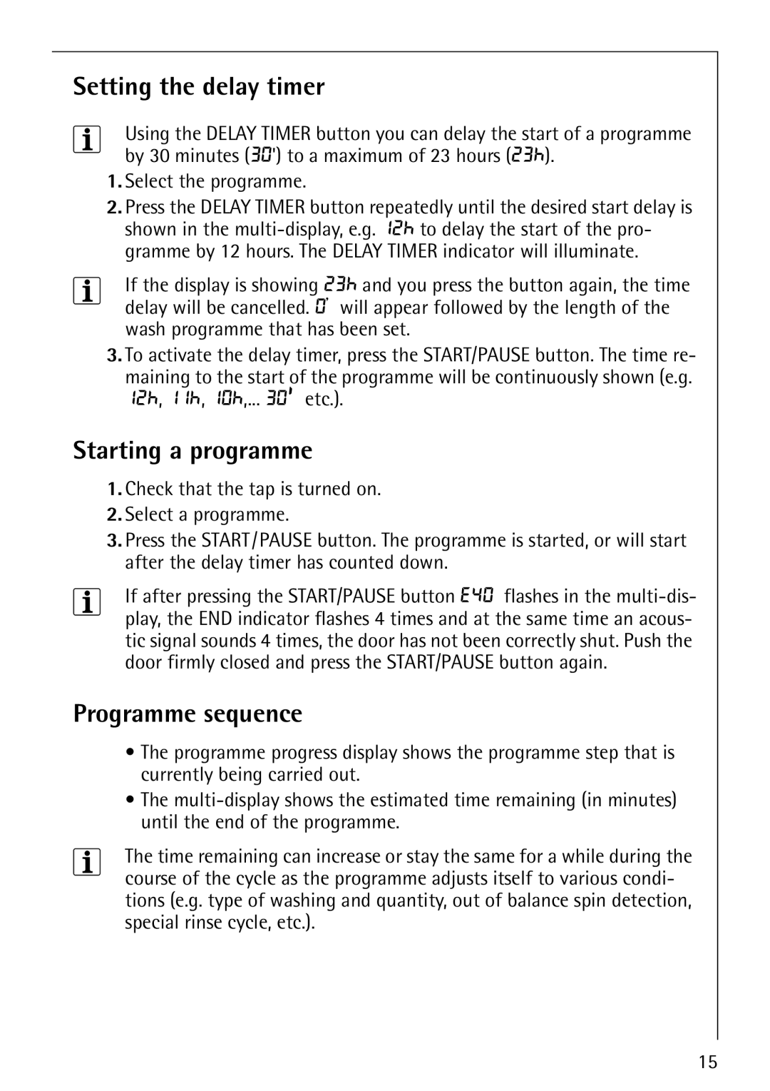 Electrolux 76810 manual Setting the delay timer, Starting a programme, Programme sequence 