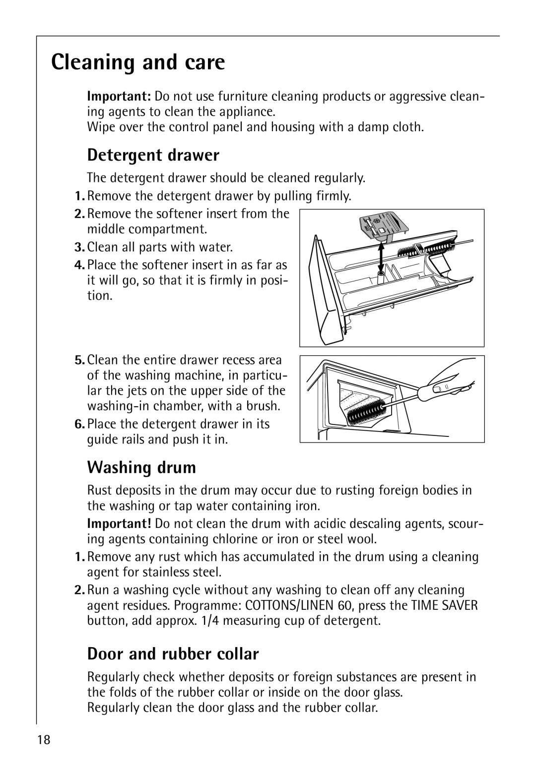 Electrolux 76810 manual Cleaning and care, Detergent drawer, Washing drum, Door and rubber collar 