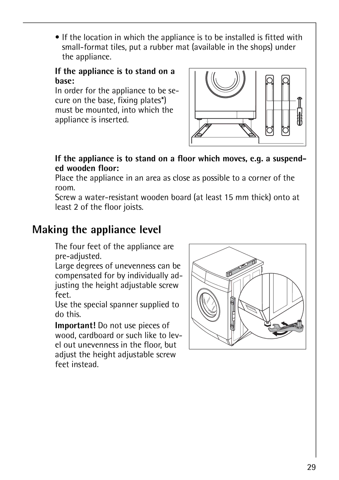 Electrolux 76810 manual Making the appliance level, If the appliance is to stand on a base 