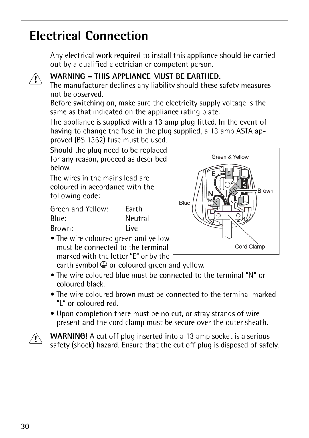 Electrolux 76810 manual Electrical Connection, Brown Live Wire coloured green and yellow 