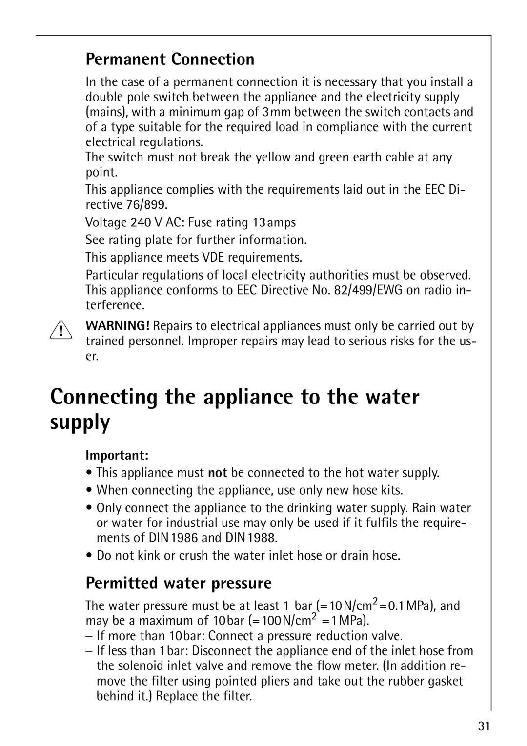 Electrolux 76810 manual Connecting the appliance to the water supply, Permanent Connection, Permitted water pressure 