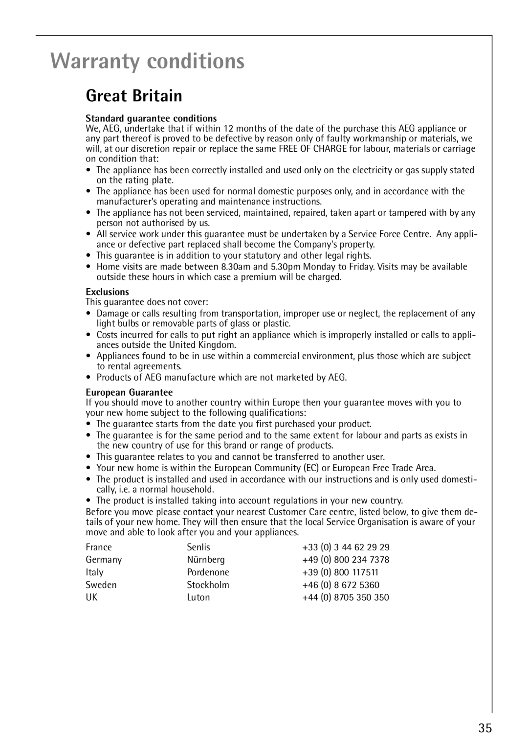 Electrolux 76810 manual Warranty conditions, Great Britain 