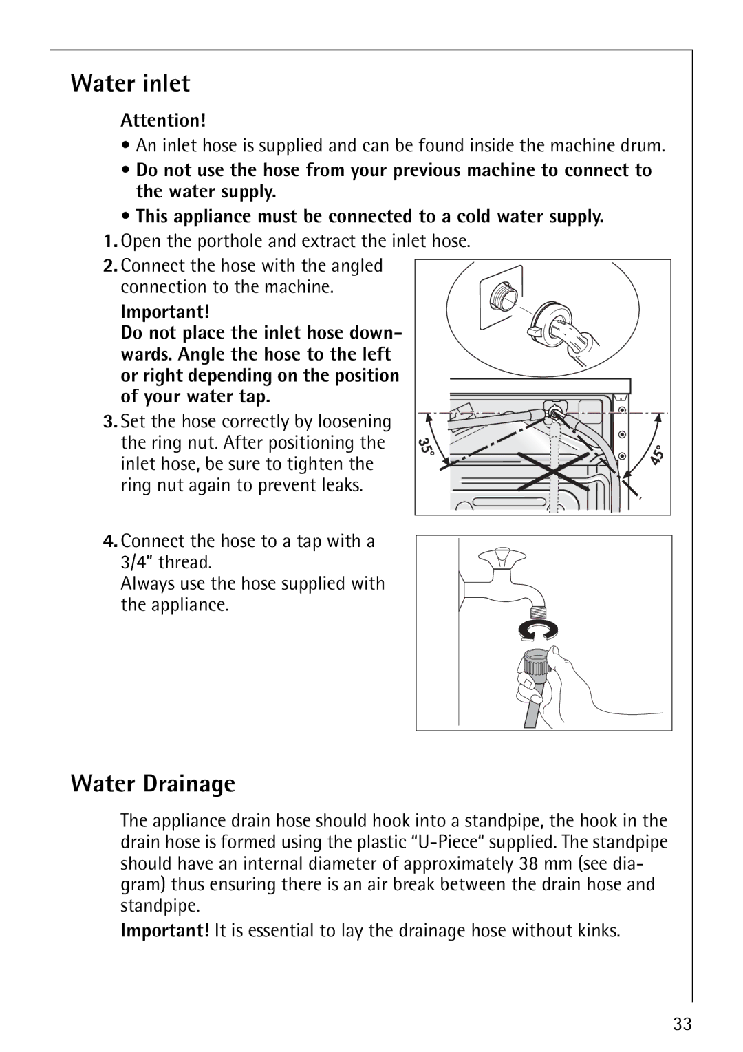 Electrolux 76825 manual Water inlet, Water Drainage, Open the porthole and extract the inlet hose 