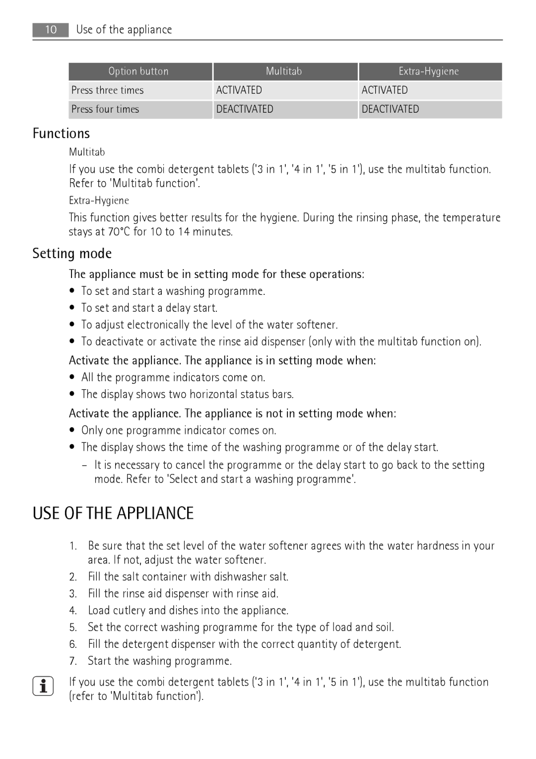 Electrolux 77000 user manual USE of the Appliance, Functions, Setting mode 