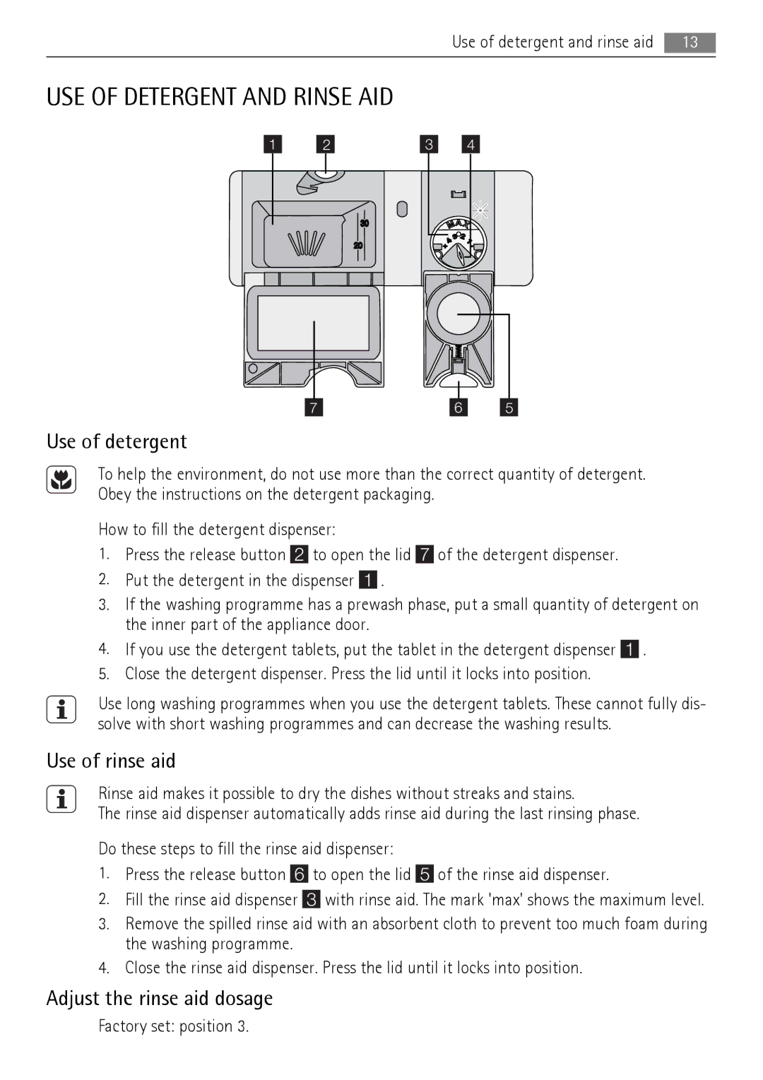 Electrolux 77000 user manual Use of detergent, Use of rinse aid, Adjust the rinse aid dosage 