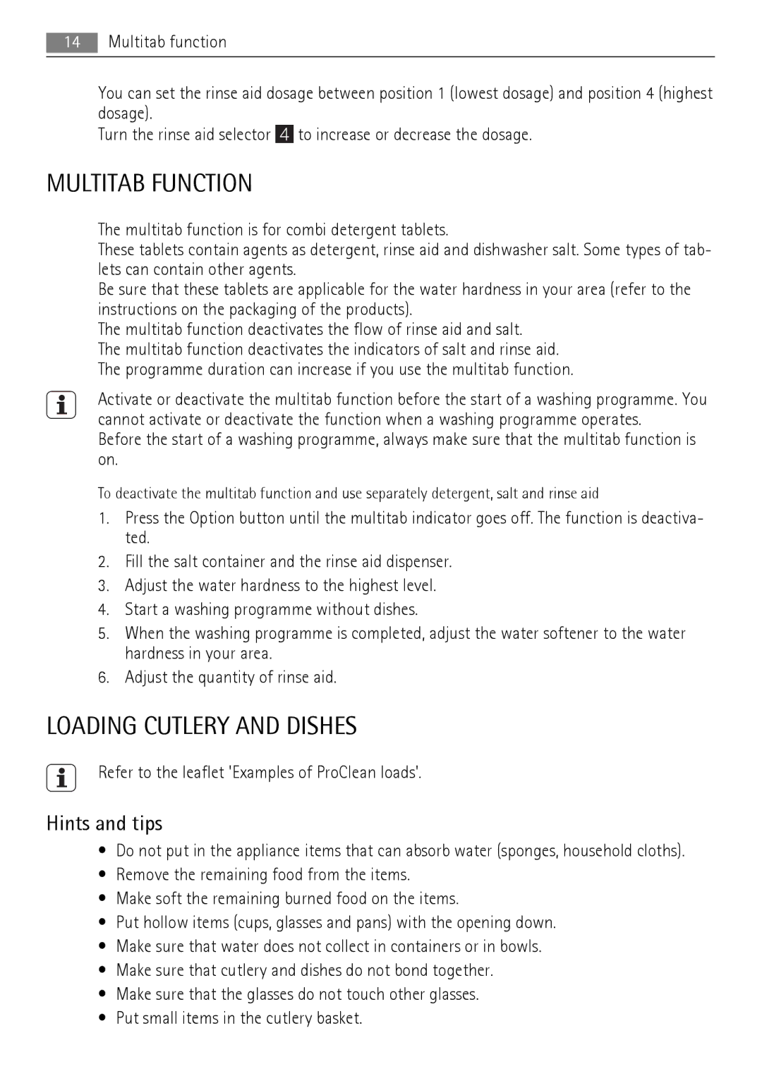 Electrolux 77000 user manual Multitab Function, Loading Cutlery and Dishes, Hints and tips 