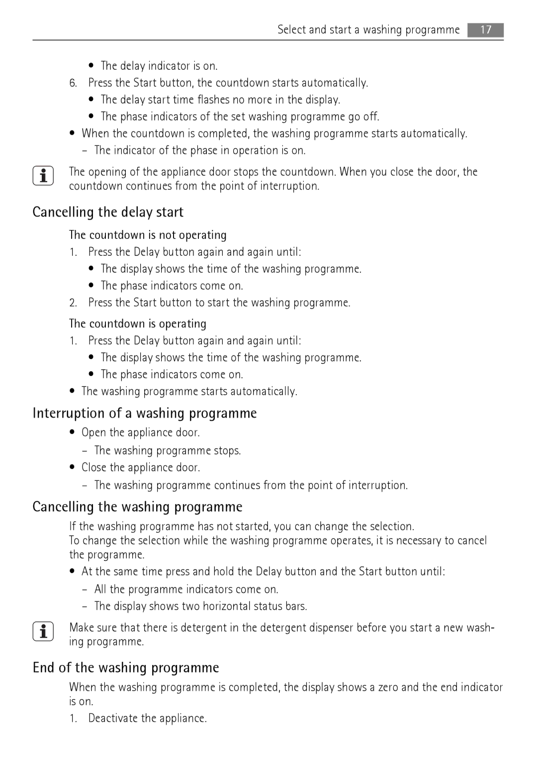 Electrolux 77000 Cancelling the delay start, Interruption of a washing programme, Cancelling the washing programme 