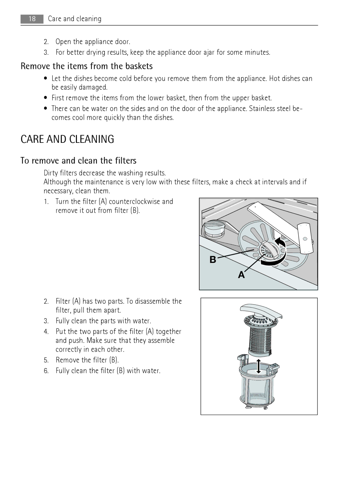 Electrolux 77000 user manual Care and Cleaning, Remove the items from the baskets, To remove and clean the filters 