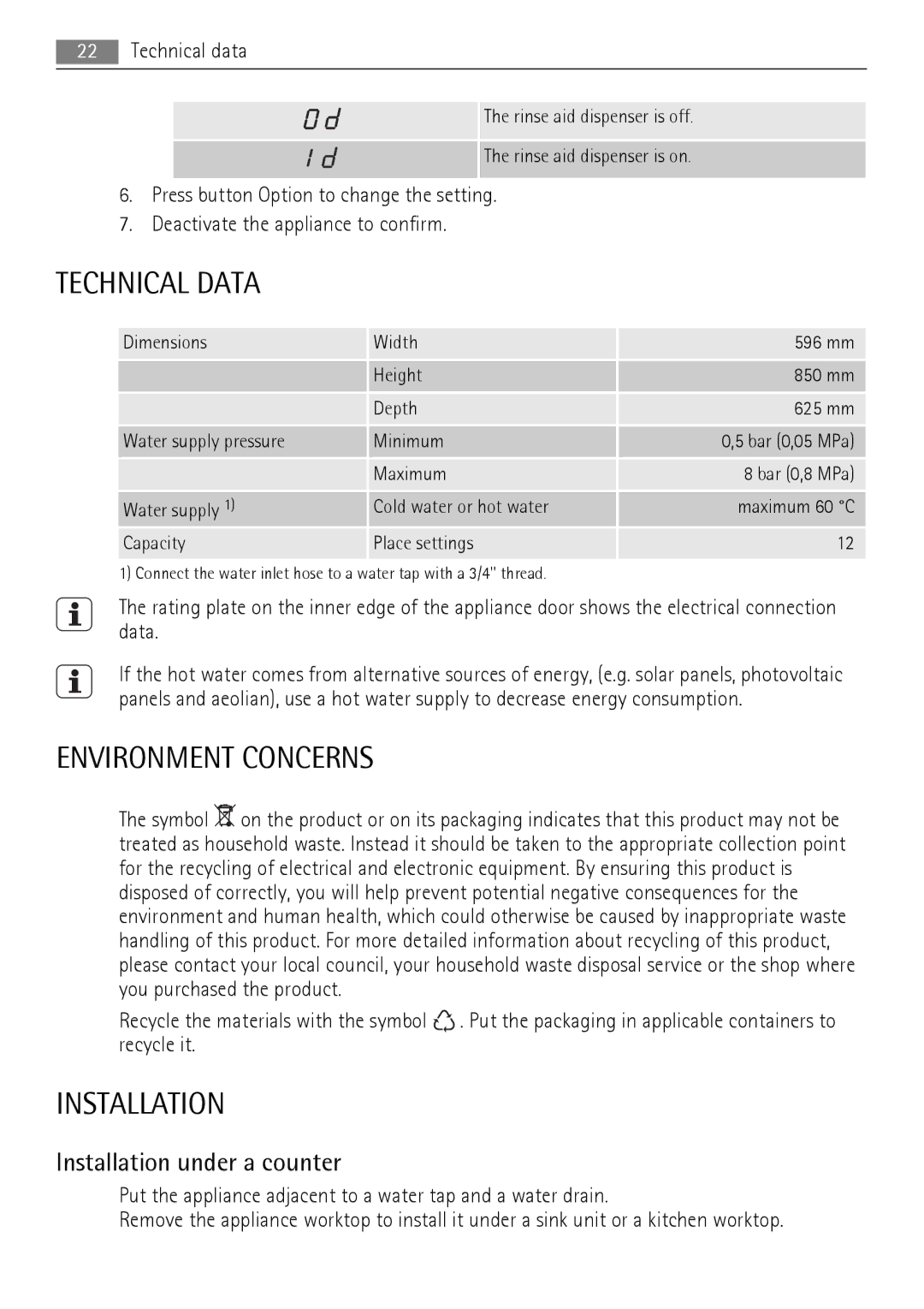 Electrolux 77000 user manual Technical Data, Environment Concerns, Installation under a counter 