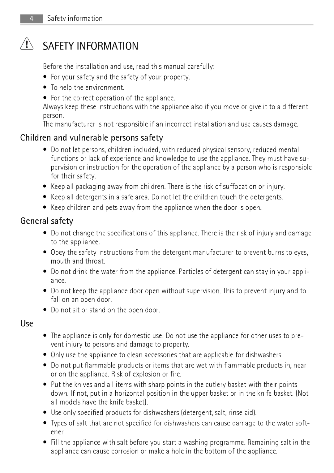 Electrolux 77000 user manual Safety Information, Children and vulnerable persons safety, General safety, Use 