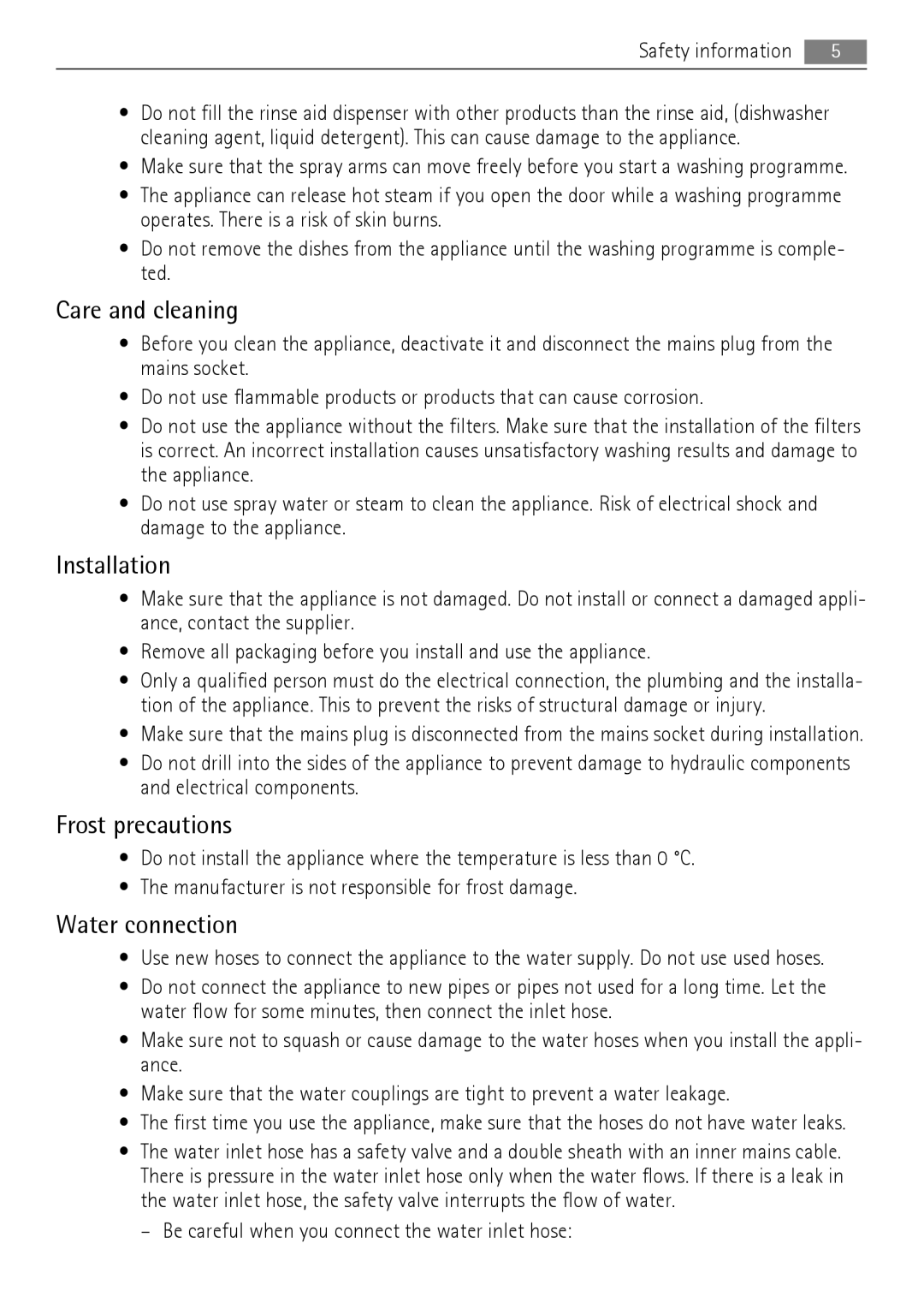 Electrolux 77000 user manual Care and cleaning, Installation, Frost precautions, Water connection 