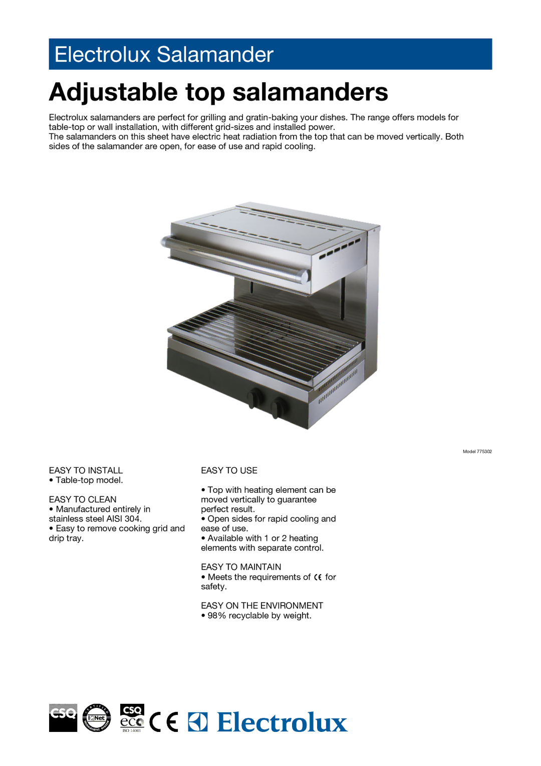 Electrolux 775302 manual Adjustable top salamanders 