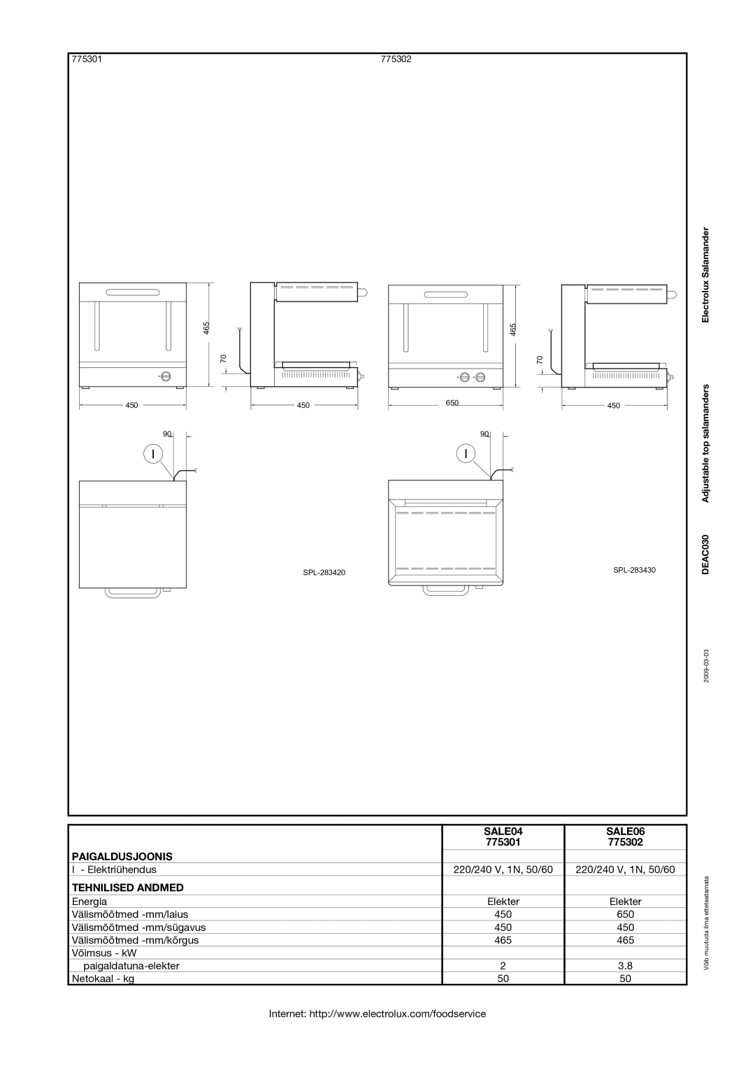 Electrolux 775302 manual SALE04 SALE06, Paigaldusjoonis, Tehnilised Andmed 