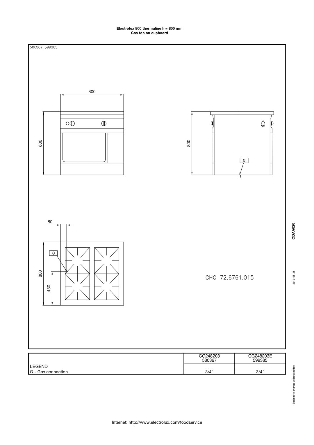 Electrolux 800 manual CG248203 CG248203E 580367 599385 Gas connection 