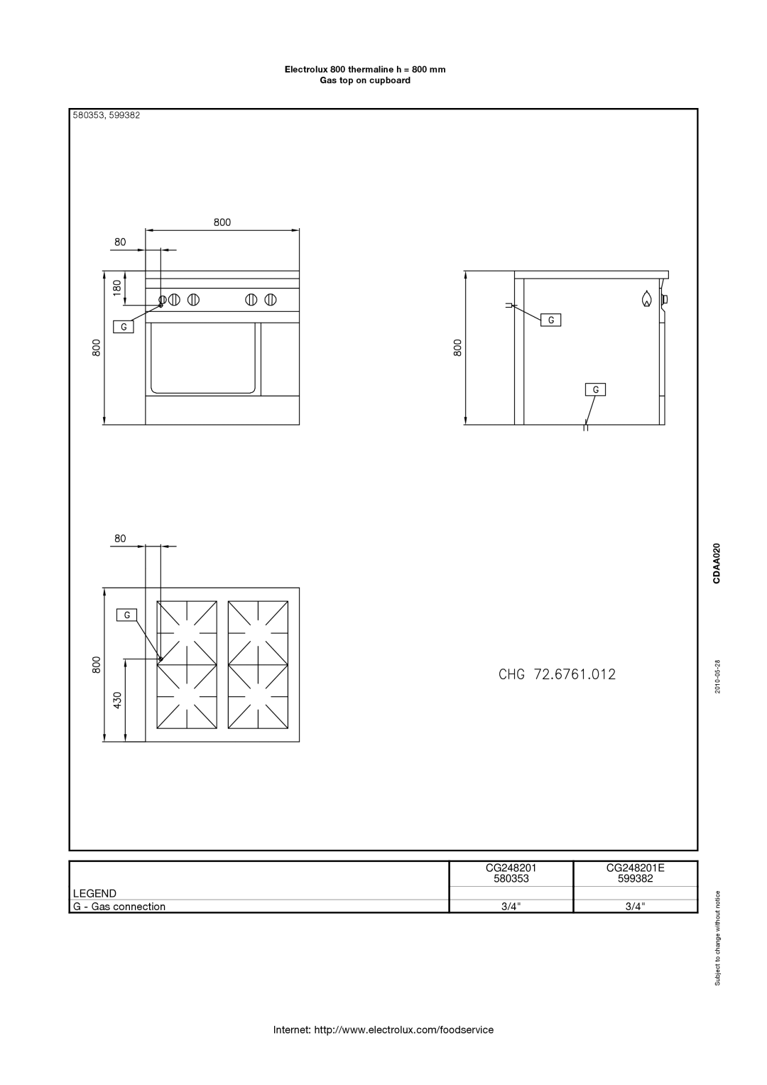 Electrolux 800 manual CG248201 CG248201E 580353 599382 Gas connection 