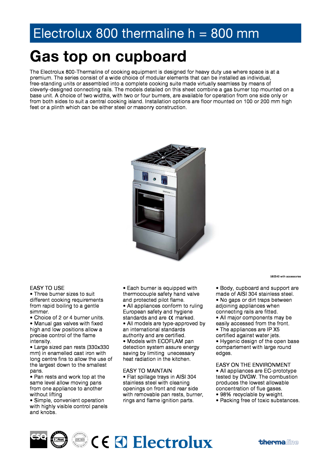 Electrolux manual Gas top on electric oven, Electrolux 800 thermaline h = 800 mm 