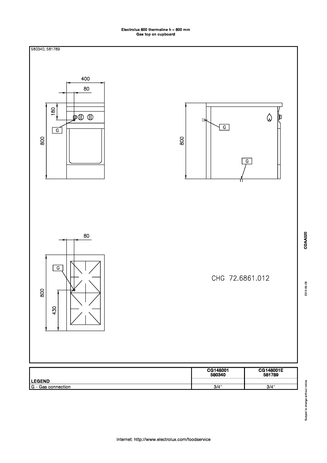 Electrolux manual 580340, Electrolux 800 thermaline h = 800 mm Gas top on cupboard, CDAA020, 2010-05-28 