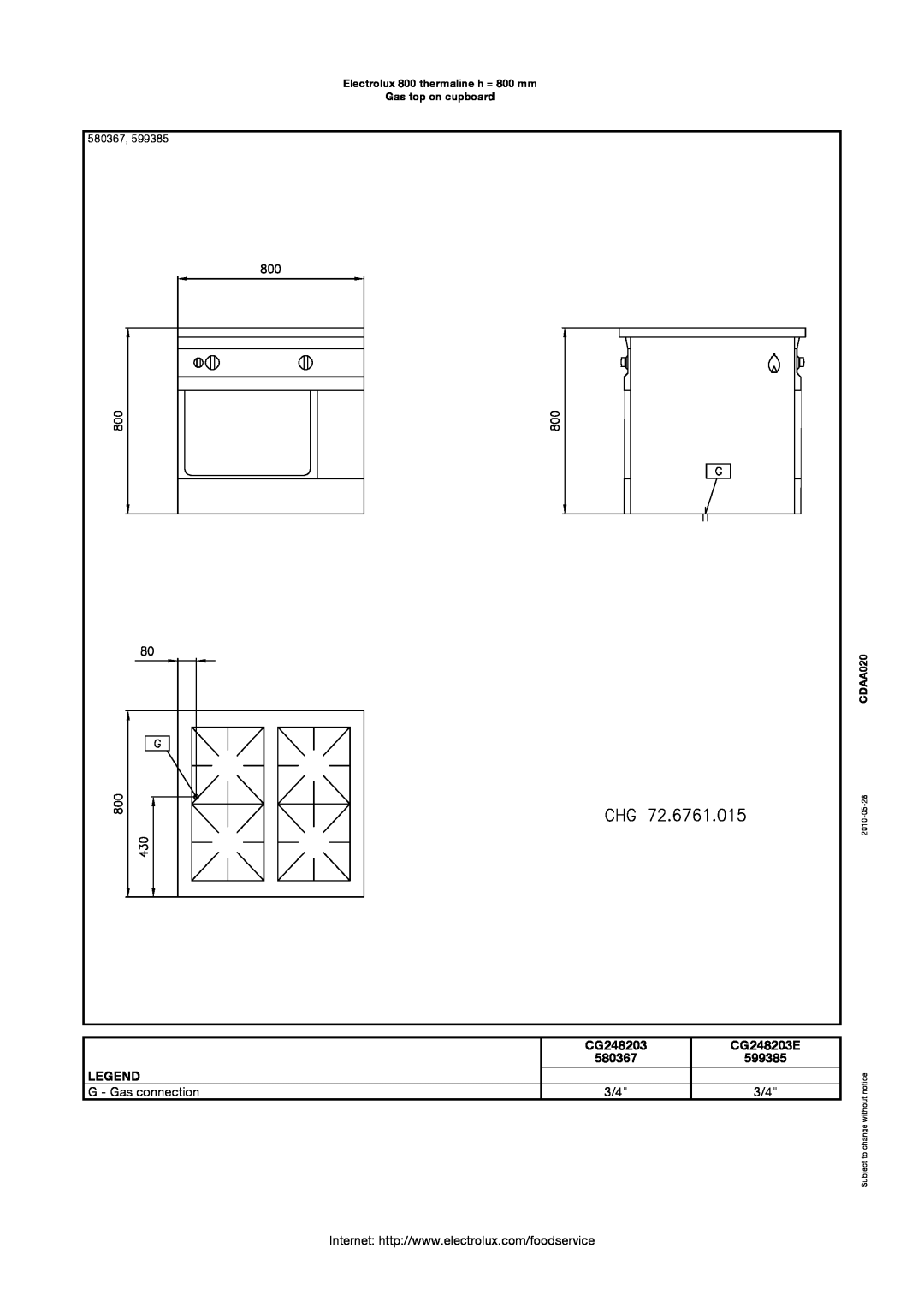 Electrolux manual 580367, Electrolux 800 thermaline h = 800 mm Gas top on cupboard, CDAA020, 2010-05-28 