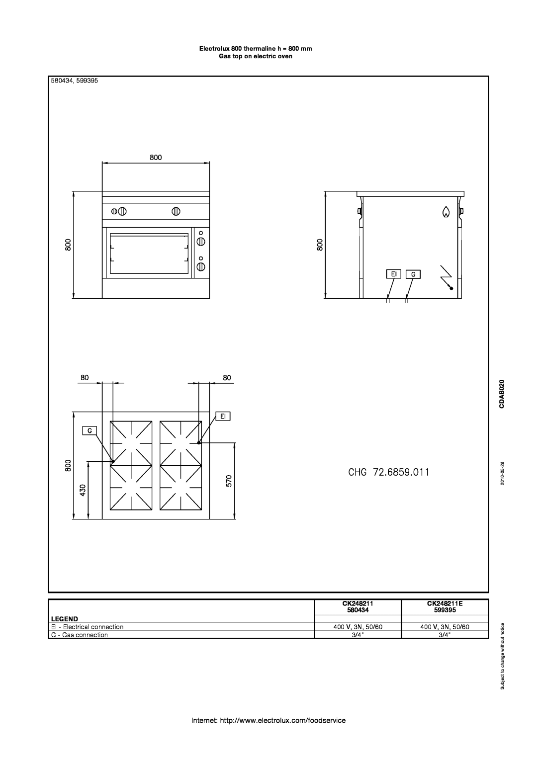 Electrolux manual CK248211E, Electrolux 800 thermaline h = 800 mm Gas top on electric oven, CDAB020, 580434, 599395 