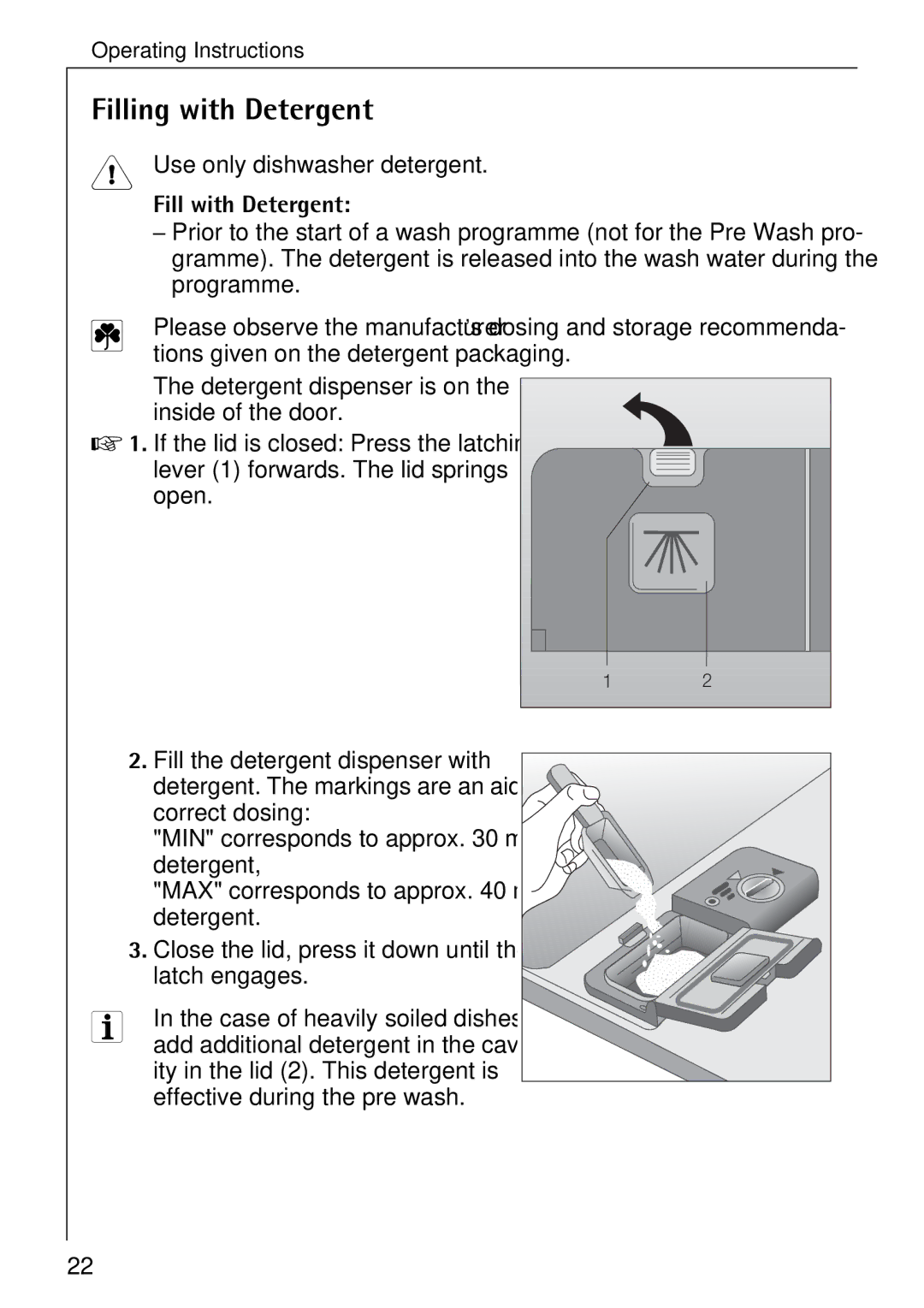 Electrolux 80850 i manual Filling with Detergent, Use only dishwasher detergent, Fill with Detergent 