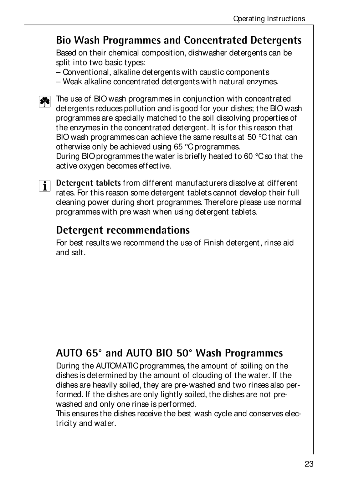 Electrolux 80850 i manual Bio Wash Programmes and Concentrated Detergents, Detergent recommendations 