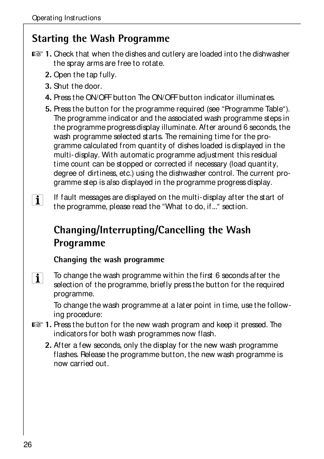 Electrolux 80850 i Starting the Wash Programme, Changing/Interrupting/Cancelling the Wash, Changing the wash programme 