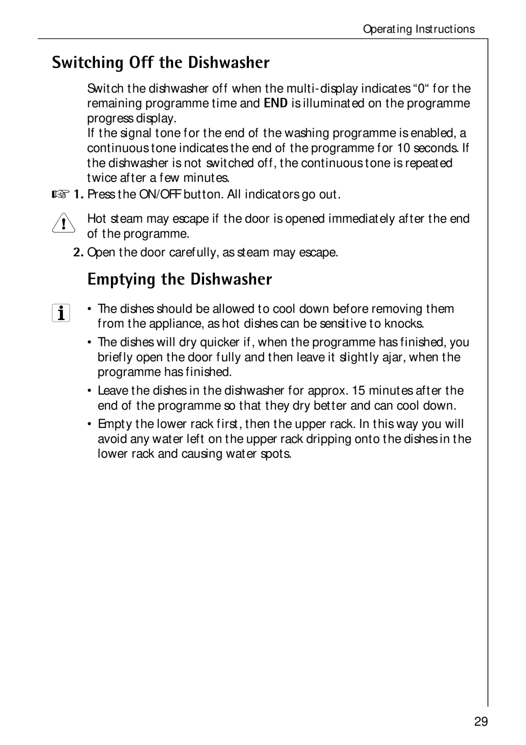 Electrolux 80850 i Switching Off the Dishwasher, Emptying the Dishwasher, Open the door carefully, as steam may escape 