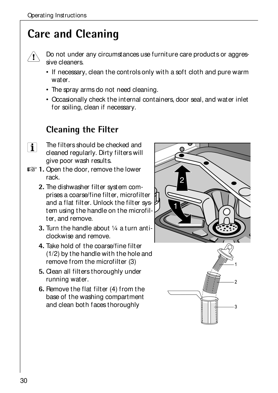 Electrolux 80850 i manual Care and Cleaning, Cleaning the Filter 