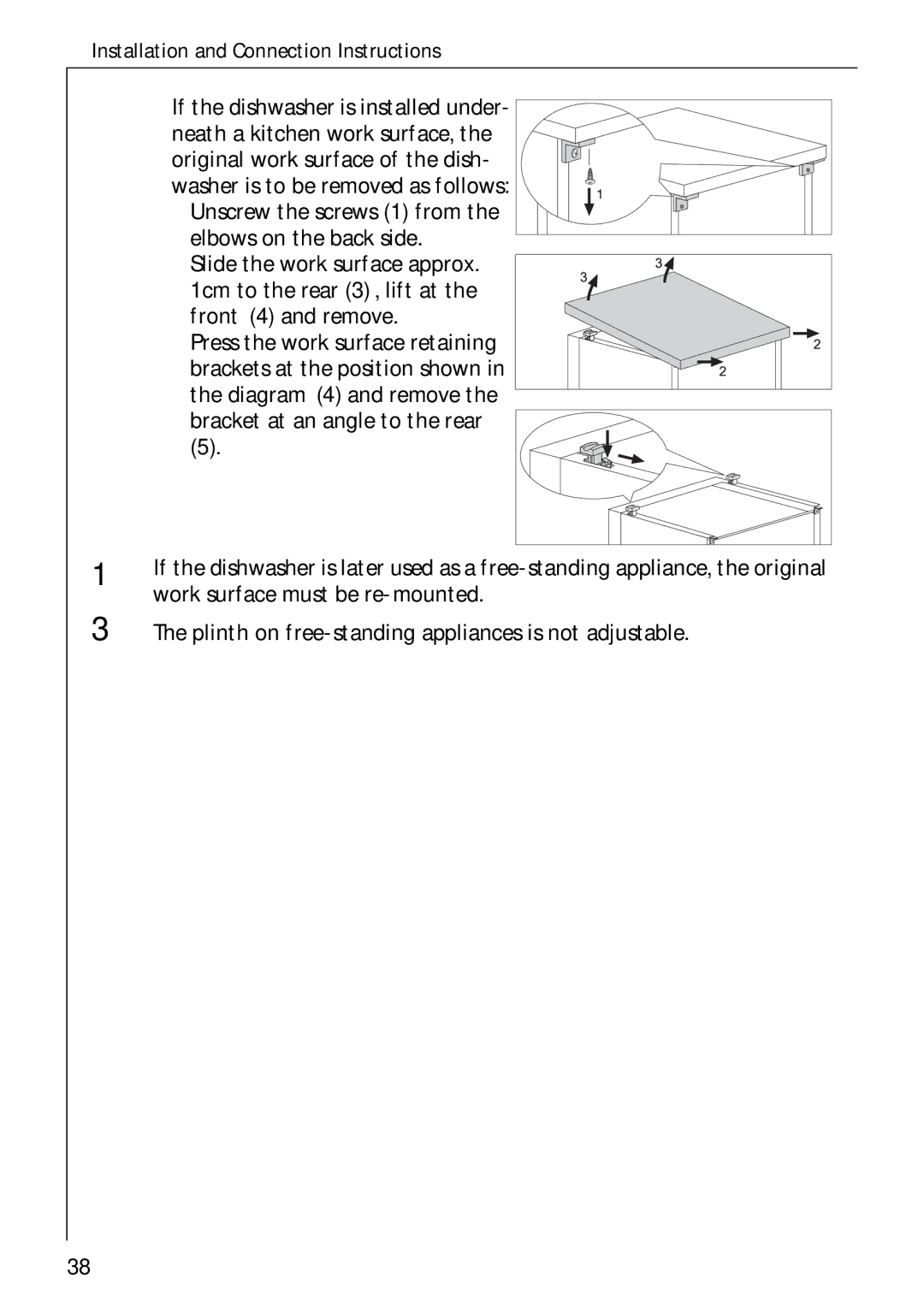 Electrolux 80850 i manual Work surface must be re-mounted, Plinth on free-standing appliances is not adjustable 