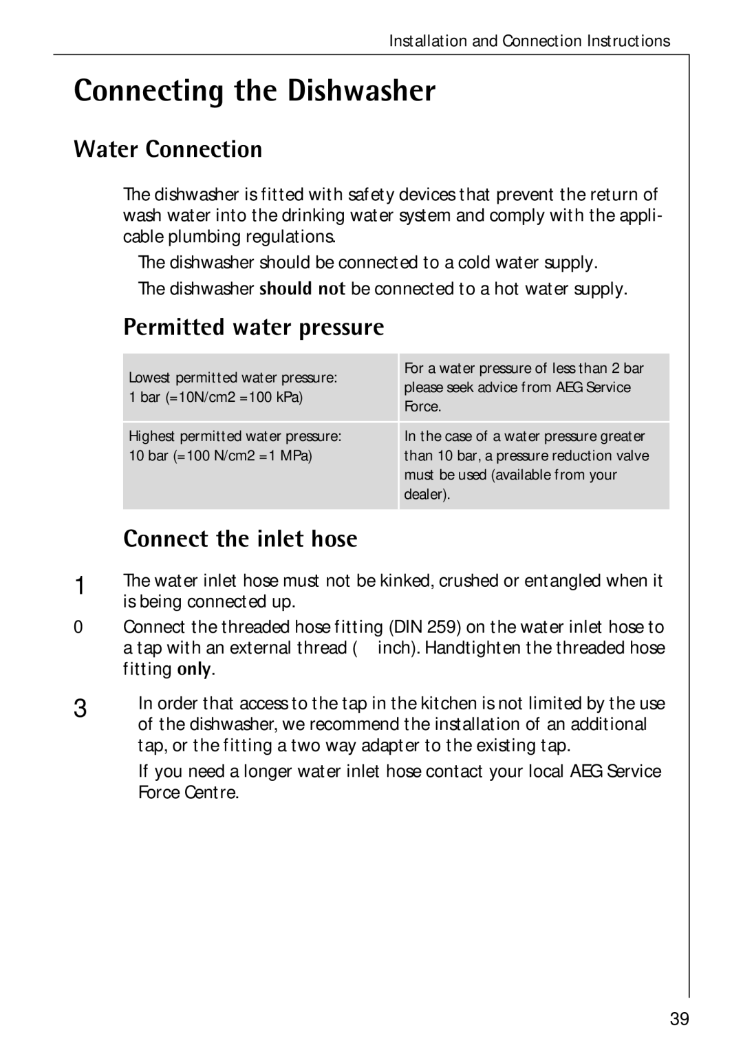 Electrolux 80850 i manual Connecting the Dishwasher, Water Connection, Permitted water pressure, Connect the inlet hose 