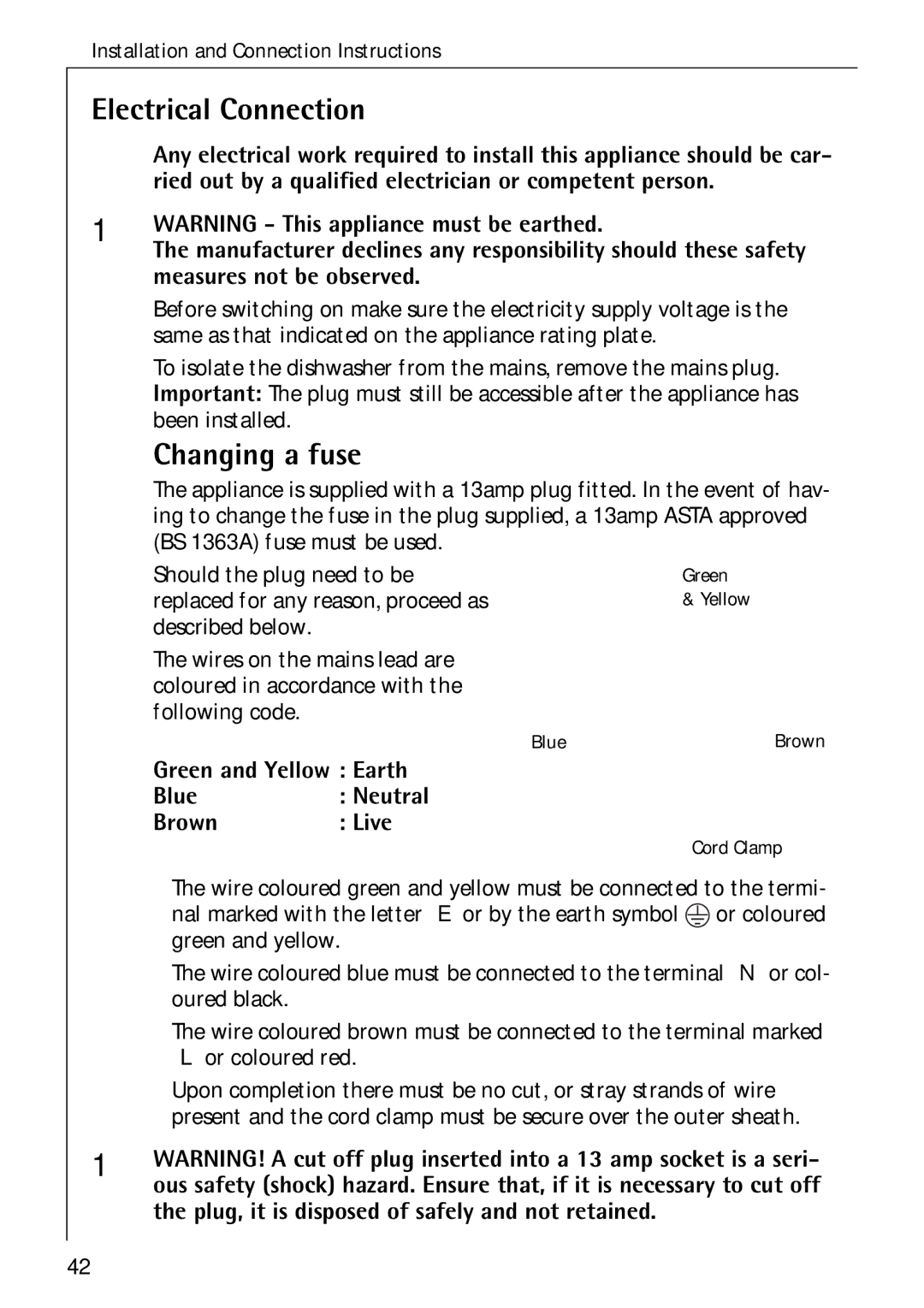 Electrolux 80850 i manual Electrical Connection, Changing a fuse 