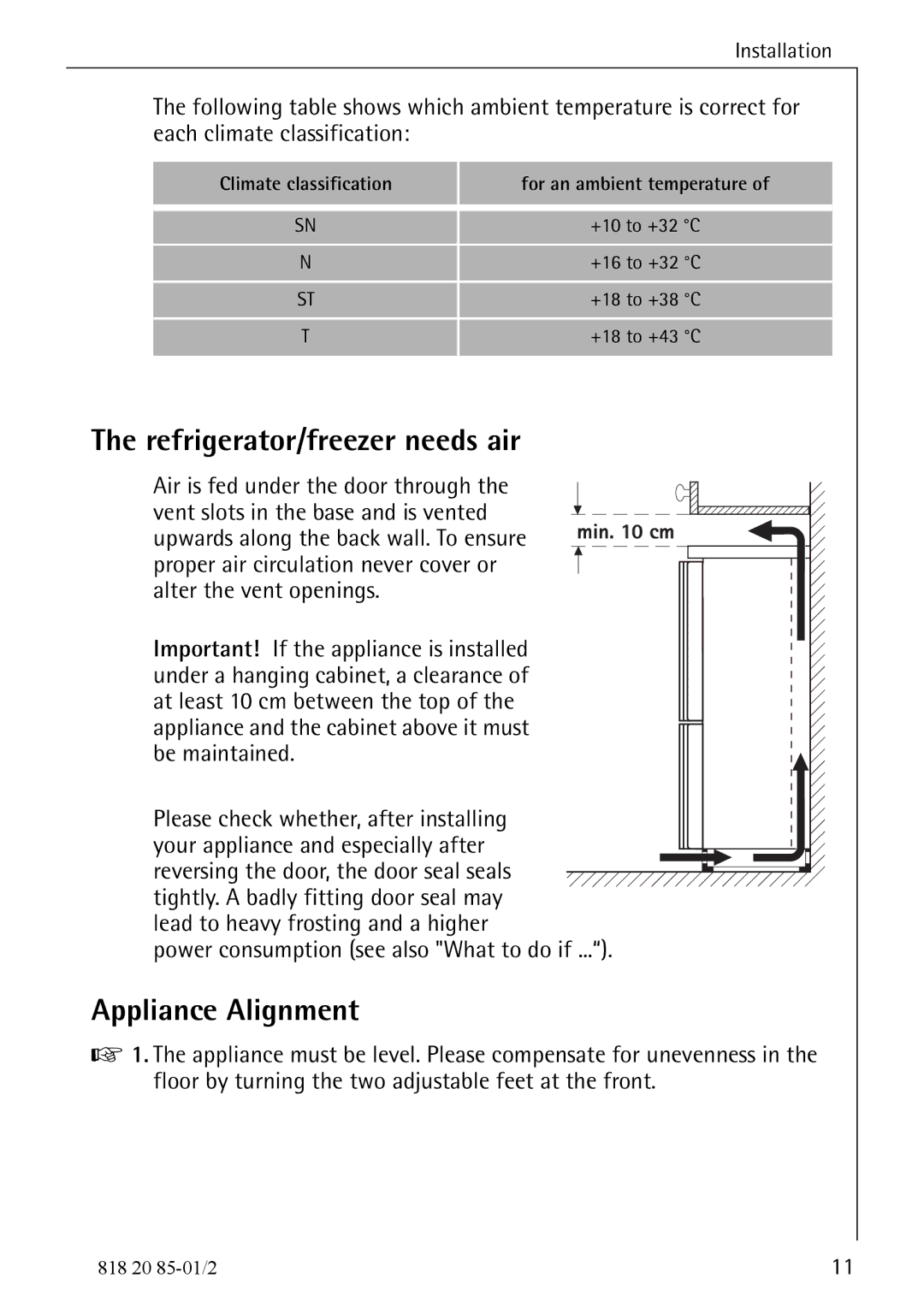 Electrolux 818 20 85 operating instructions Refrigerator/freezer needs air, Appliance Alignment 