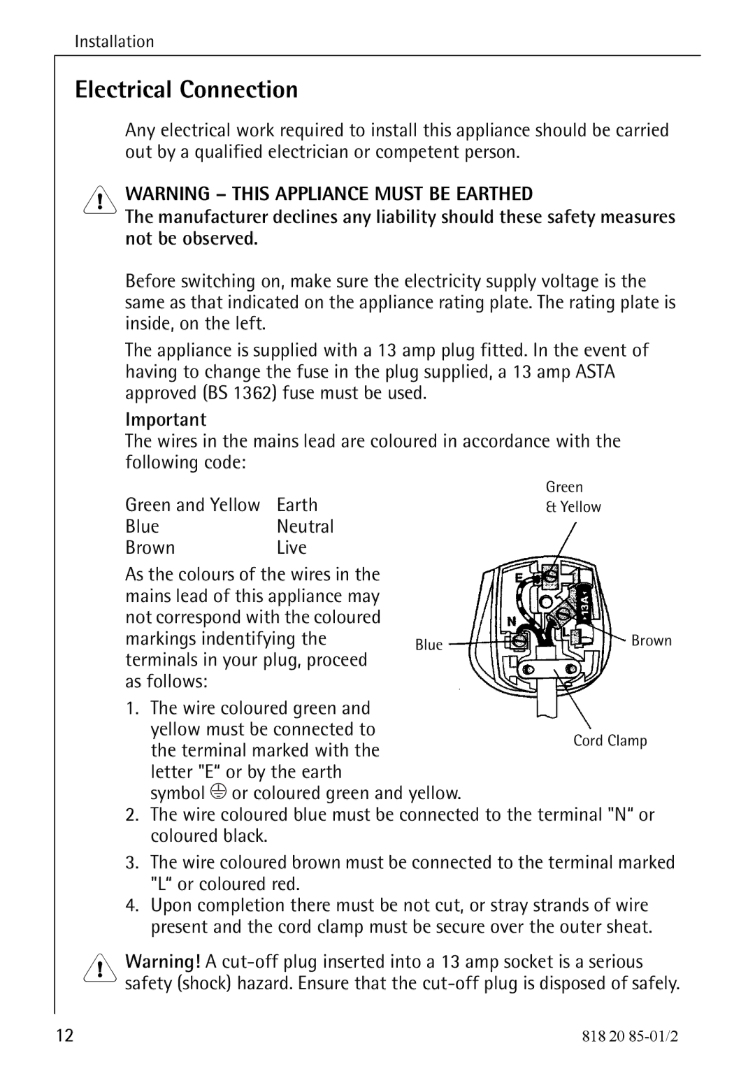 Electrolux 818 20 85 operating instructions Electrical Connection 