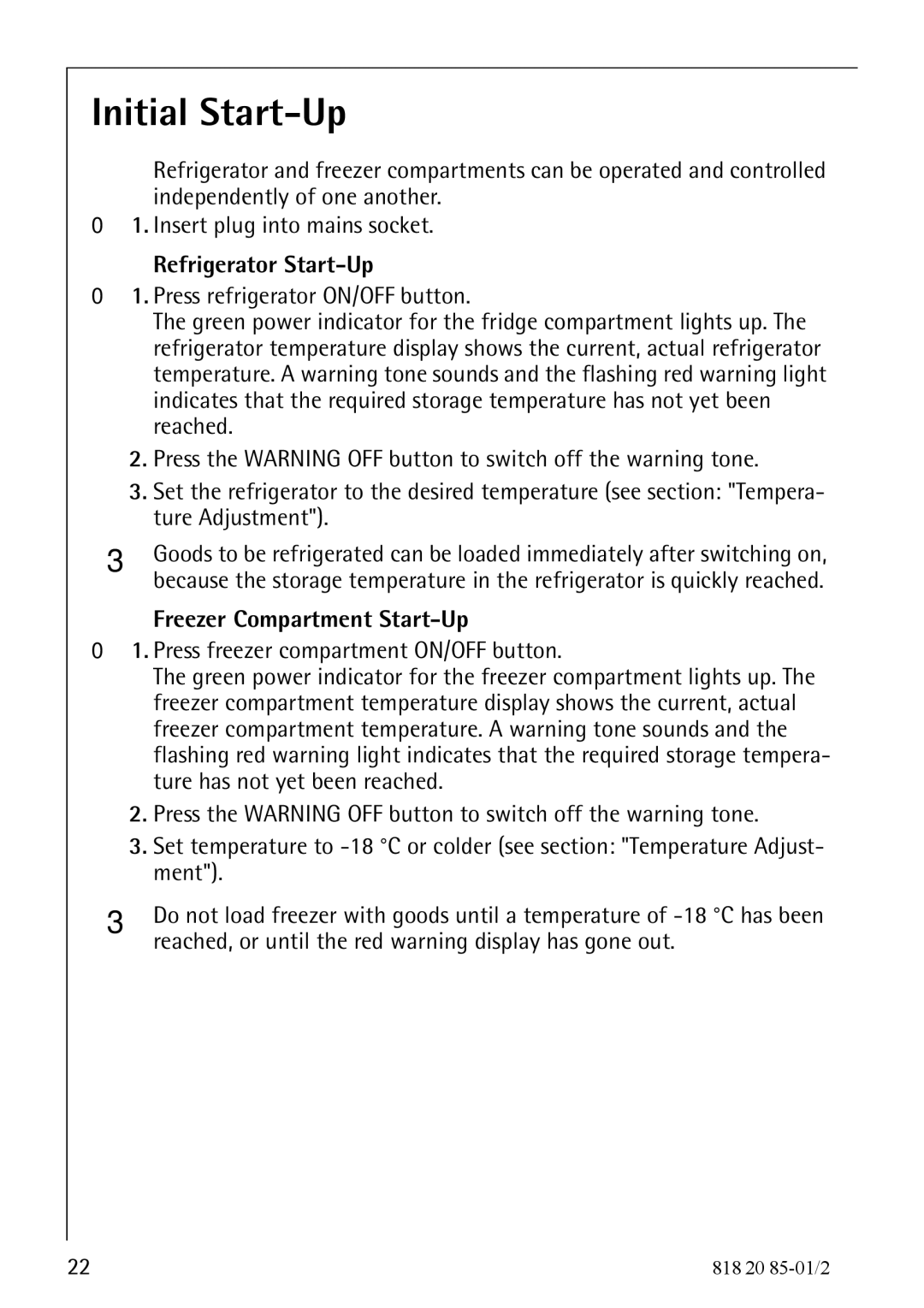 Electrolux 818 20 85 operating instructions Initial Start-Up, Refrigerator Start-Up, Freezer Compartment Start-Up 