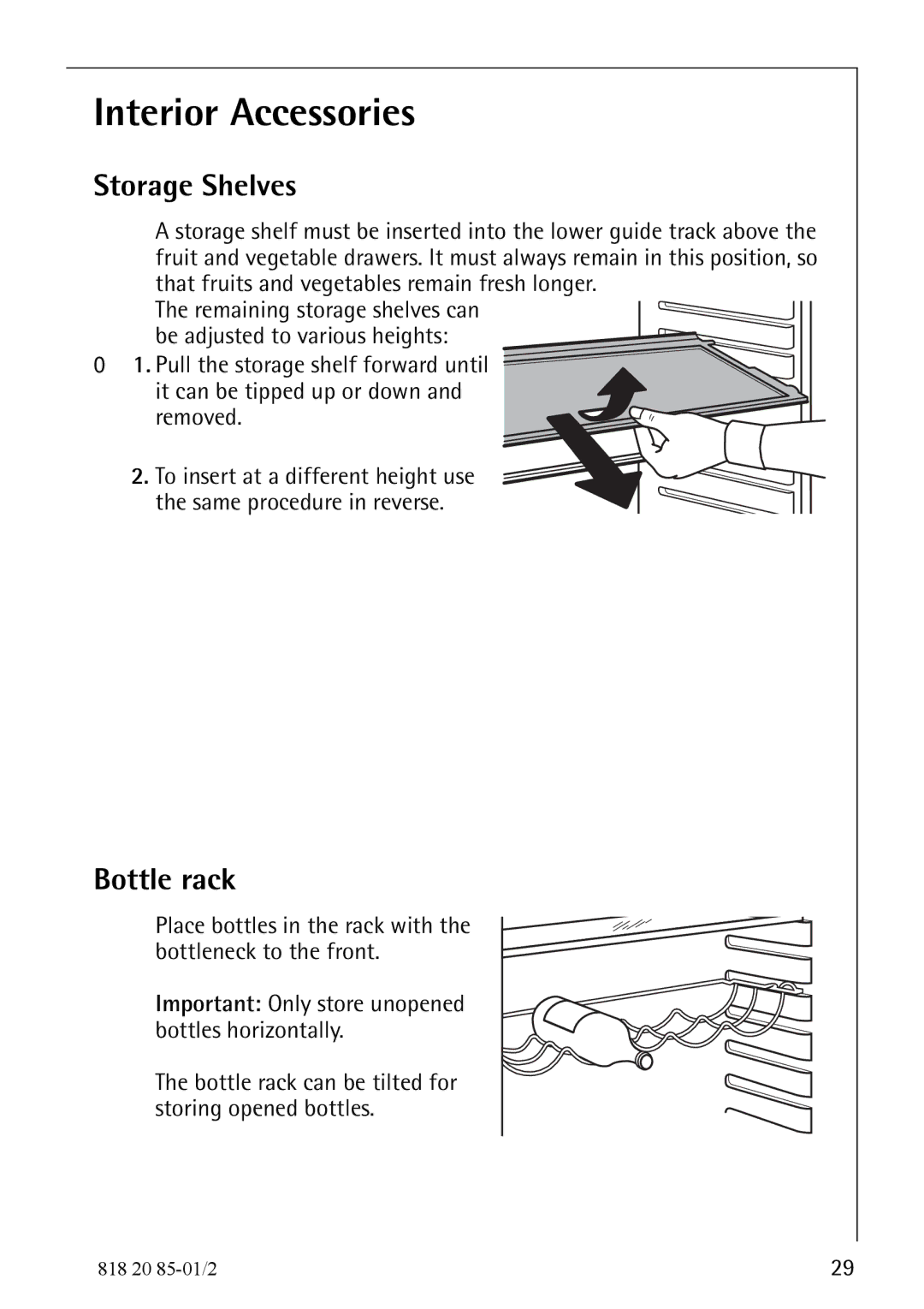 Electrolux 818 20 85 operating instructions Interior Accessories, Storage Shelves, Bottle rack 