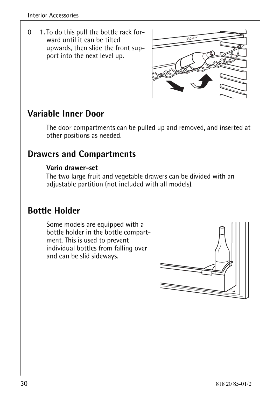 Electrolux 818 20 85 operating instructions Variable Inner Door, Drawers and Compartments, Bottle Holder, Vario drawer-set 