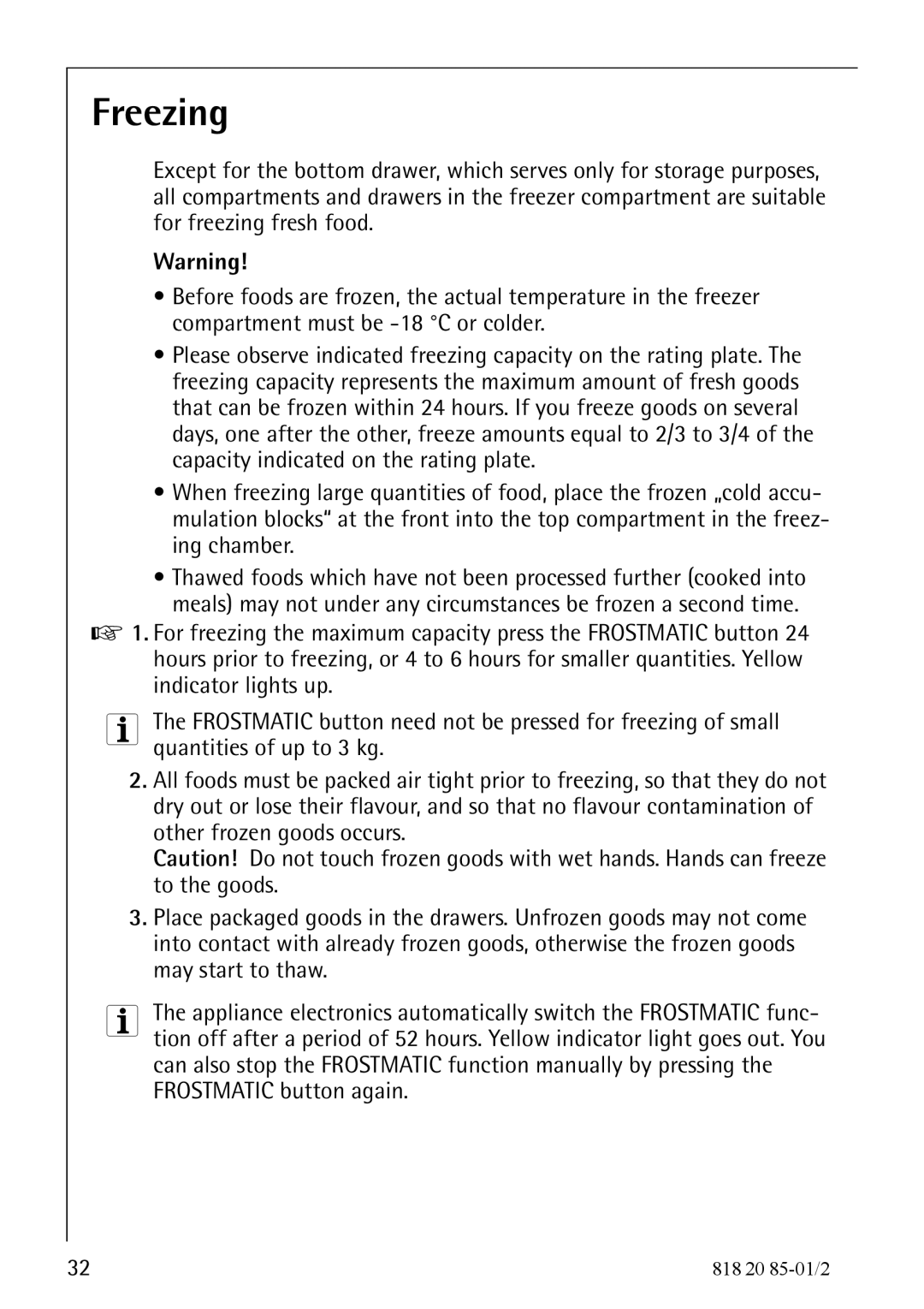 Electrolux 818 20 85 operating instructions Freezing 