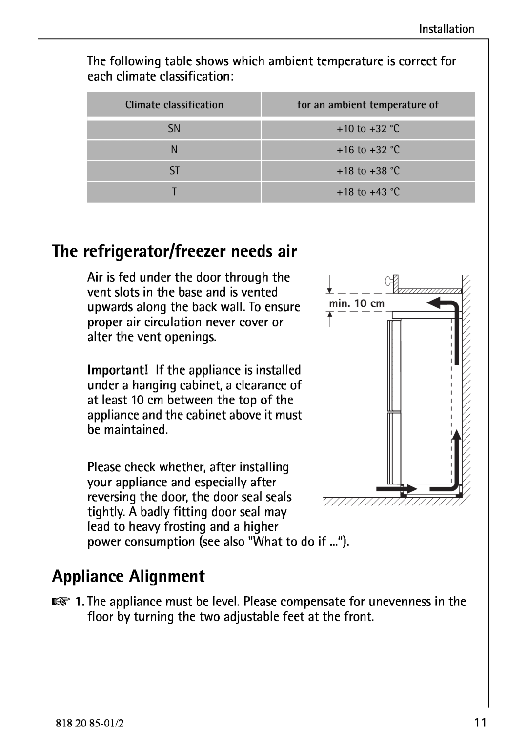 Electrolux 818 20 85 operating instructions The refrigerator/freezer needs air, Appliance Alignment 