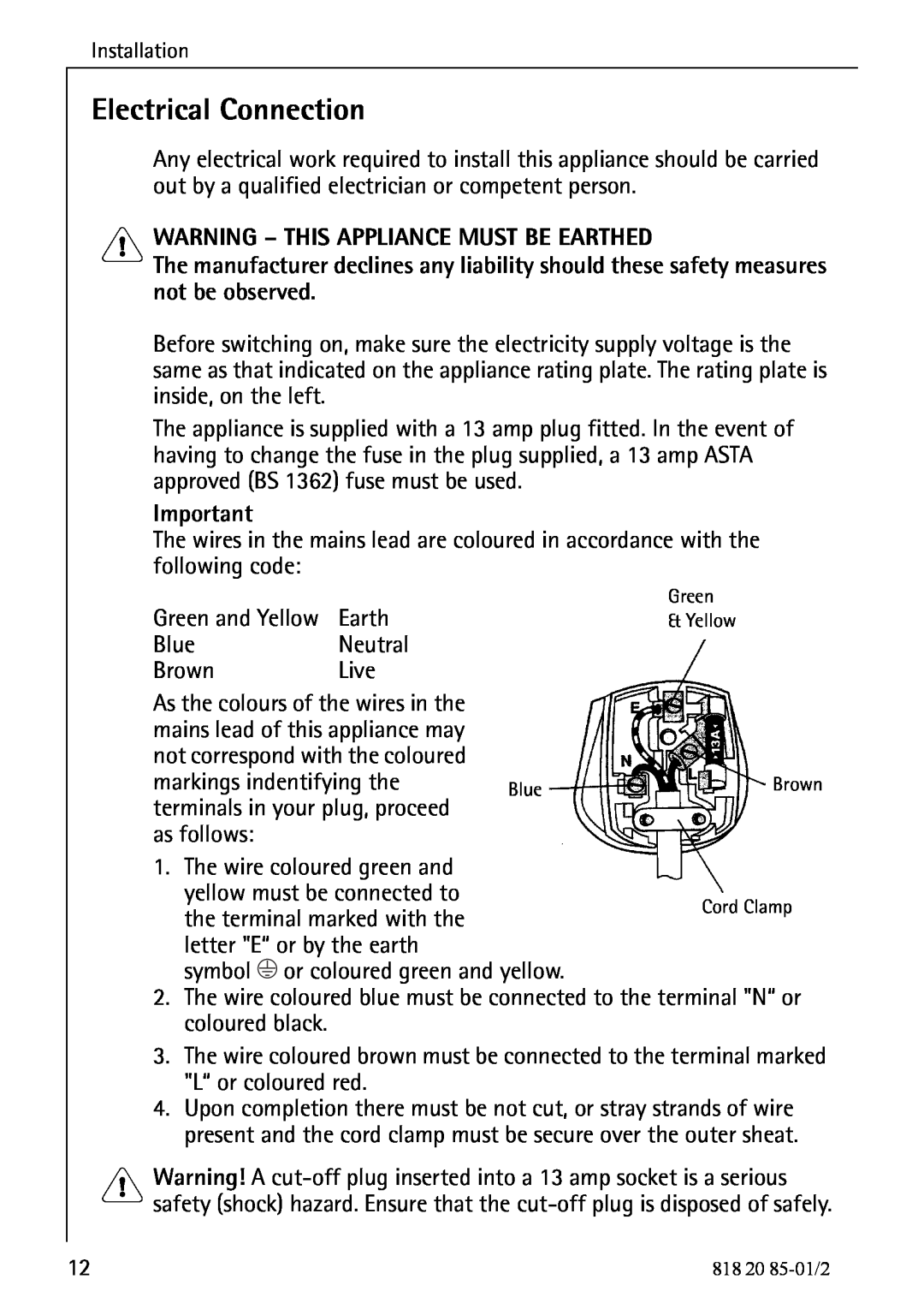 Electrolux 818 20 85 operating instructions Electrical Connection, Warning - This Appliance Must Be Earthed 