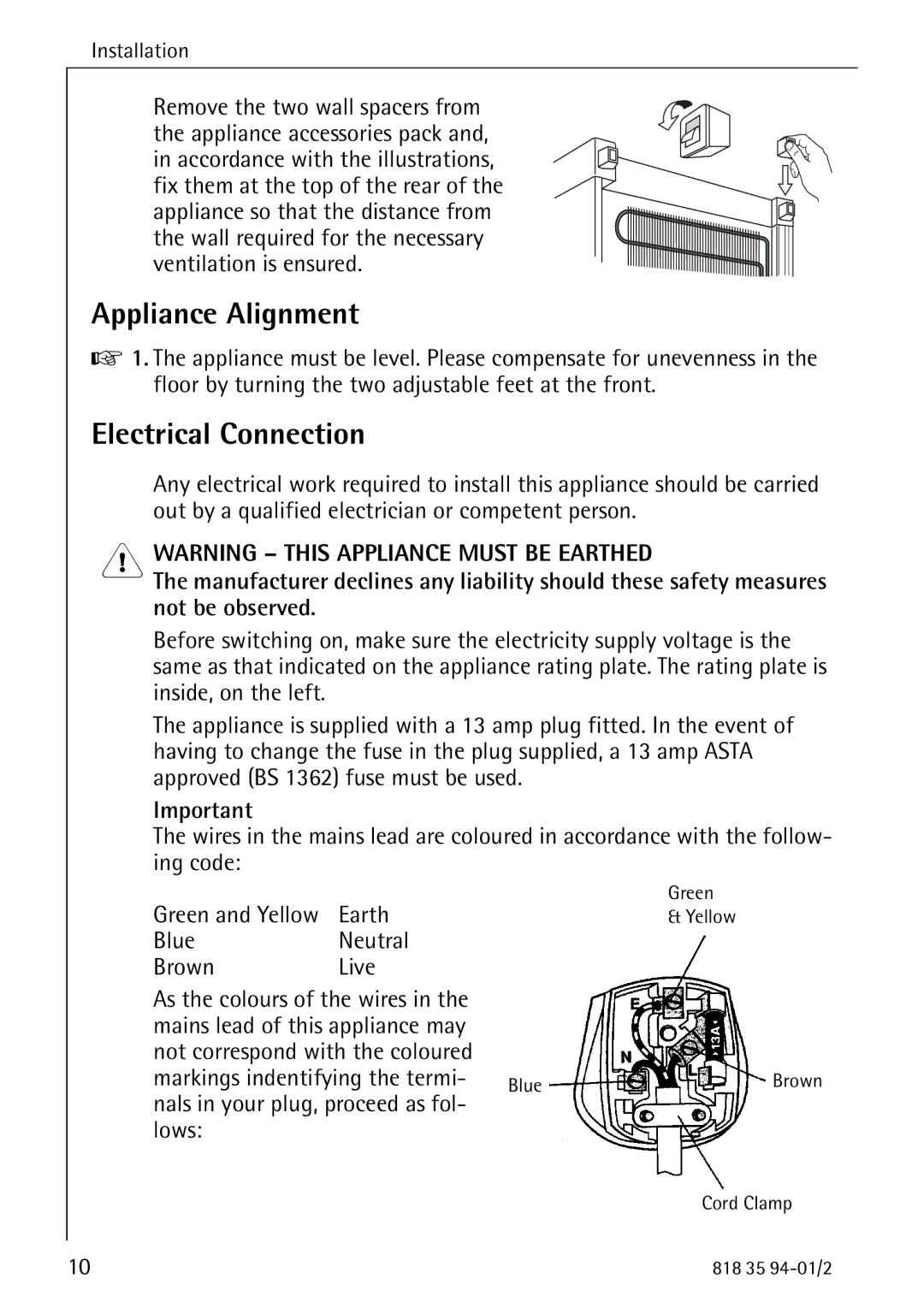 Electrolux 818 35 94-01/2 manual Appliance Alignment, Electrical Connection, Earth, Nals in your plug, proceed as fol- lows 